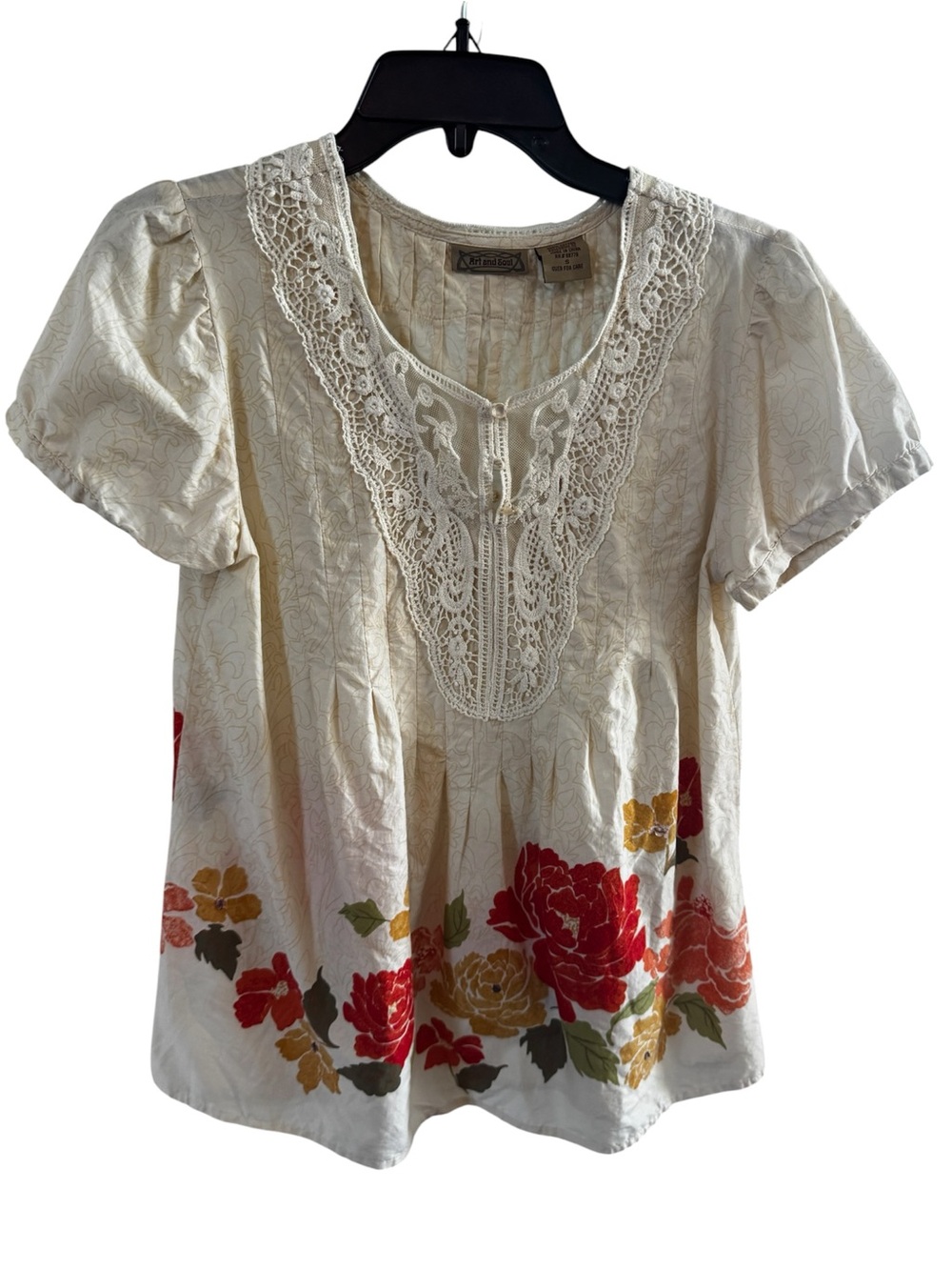 Art And Soul Cream Peasant Top with Red and Orange Floral Border